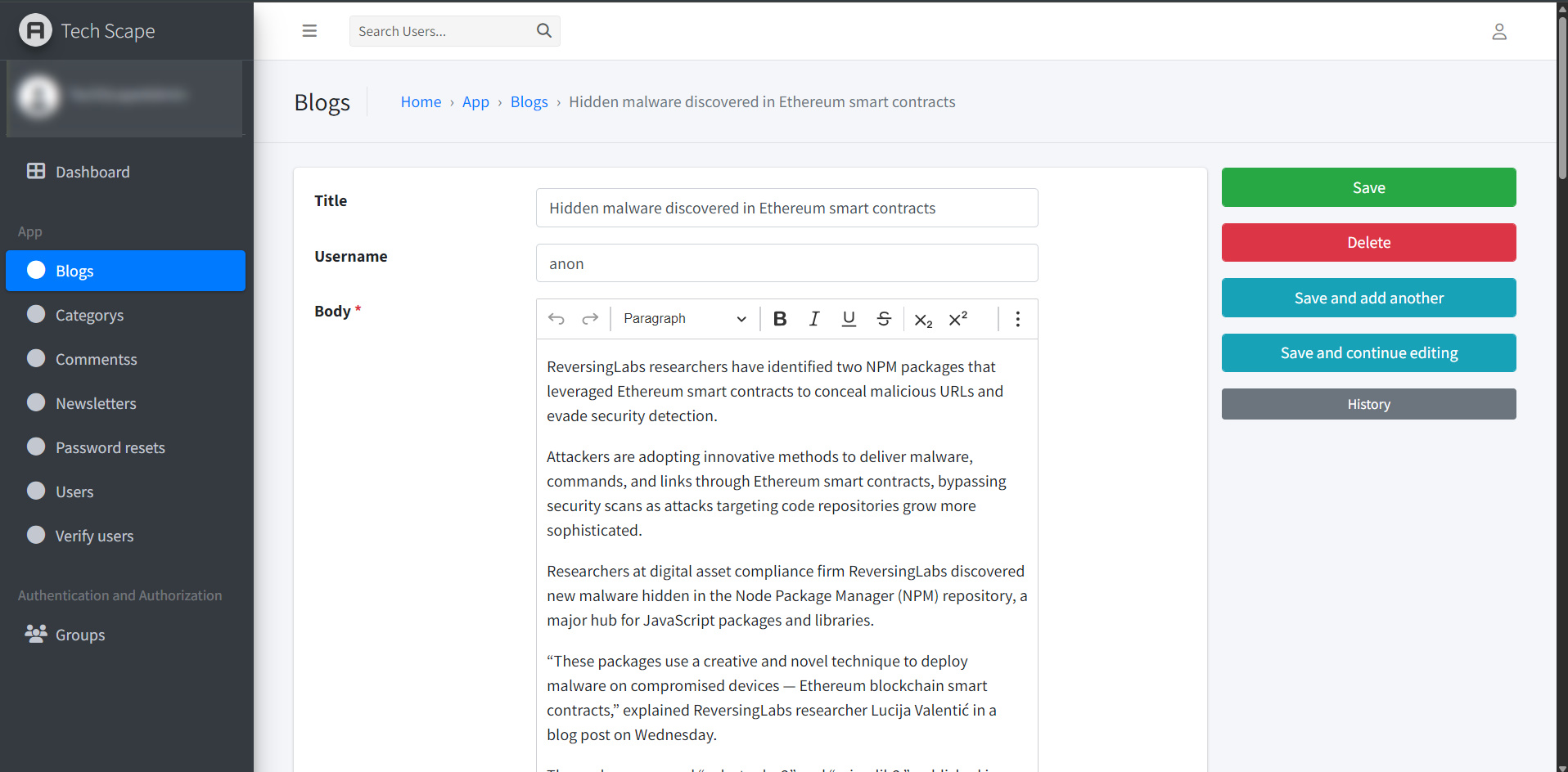 Admin dashboard
